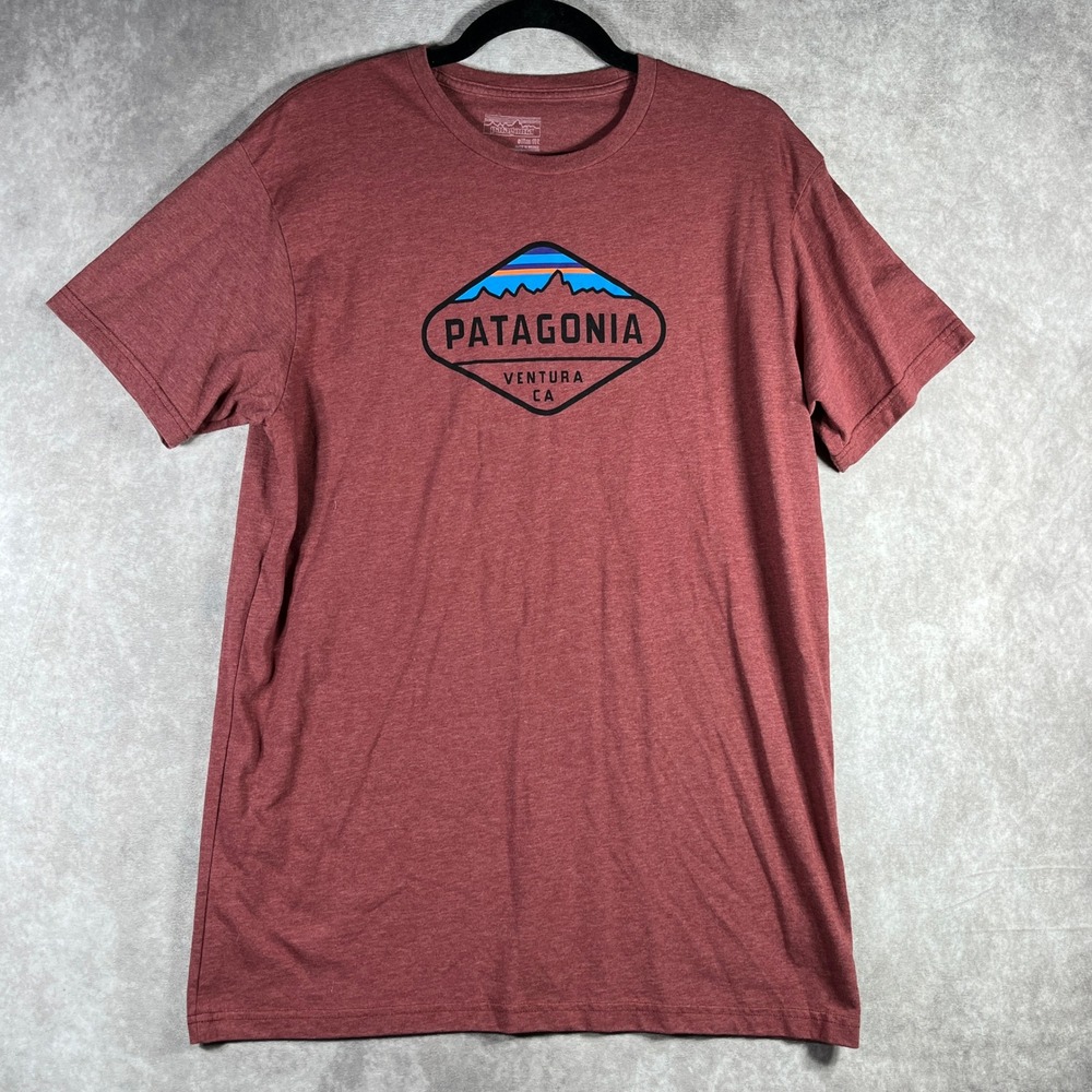 Patagonia Fitz‎ Roy Ventura CA Graphic Logo T Shirt L Red Organic Cotton Blend